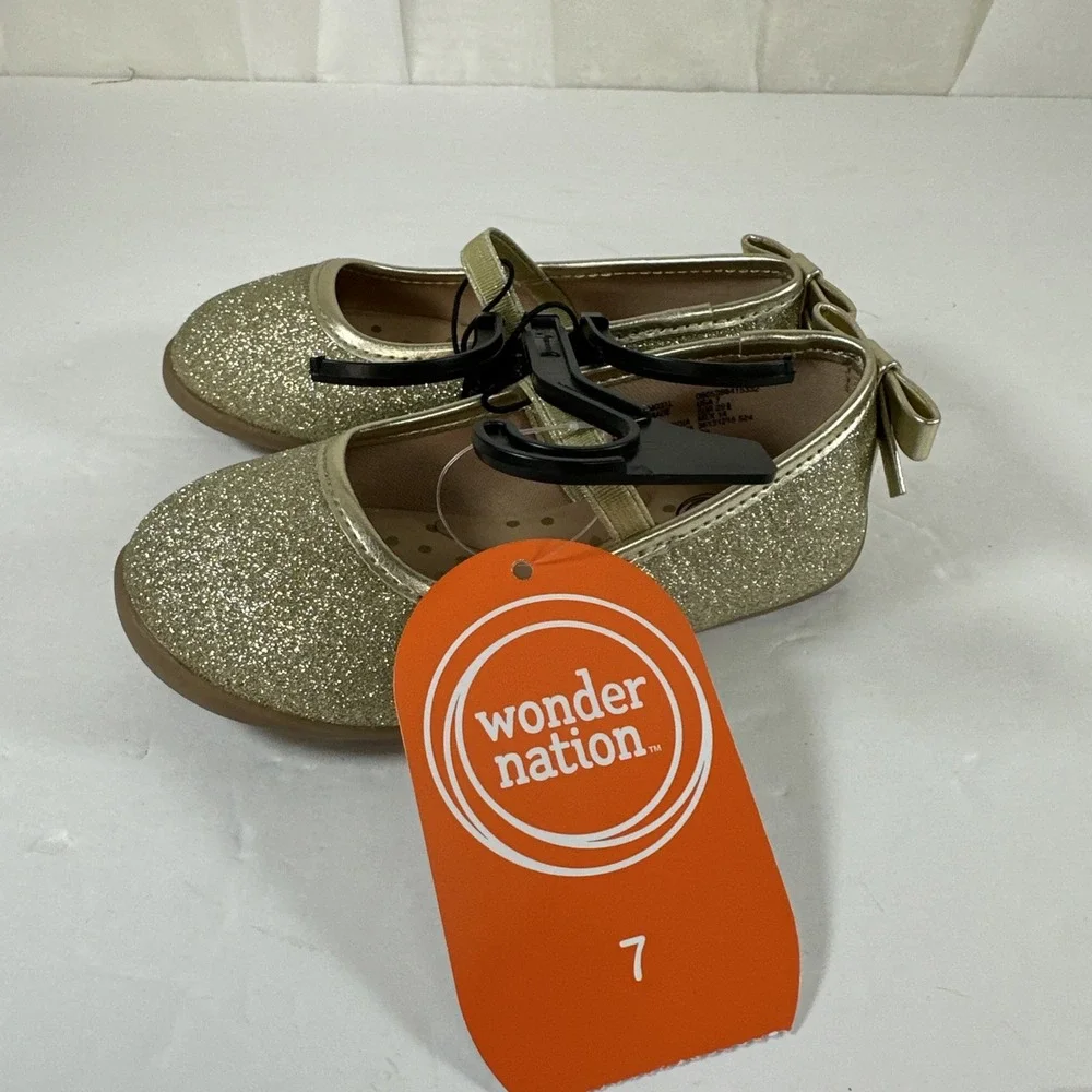 Girls Size 7 Wonder Nation Gold Glitter Shoes‎ Flat Ballet Dance Wedding New